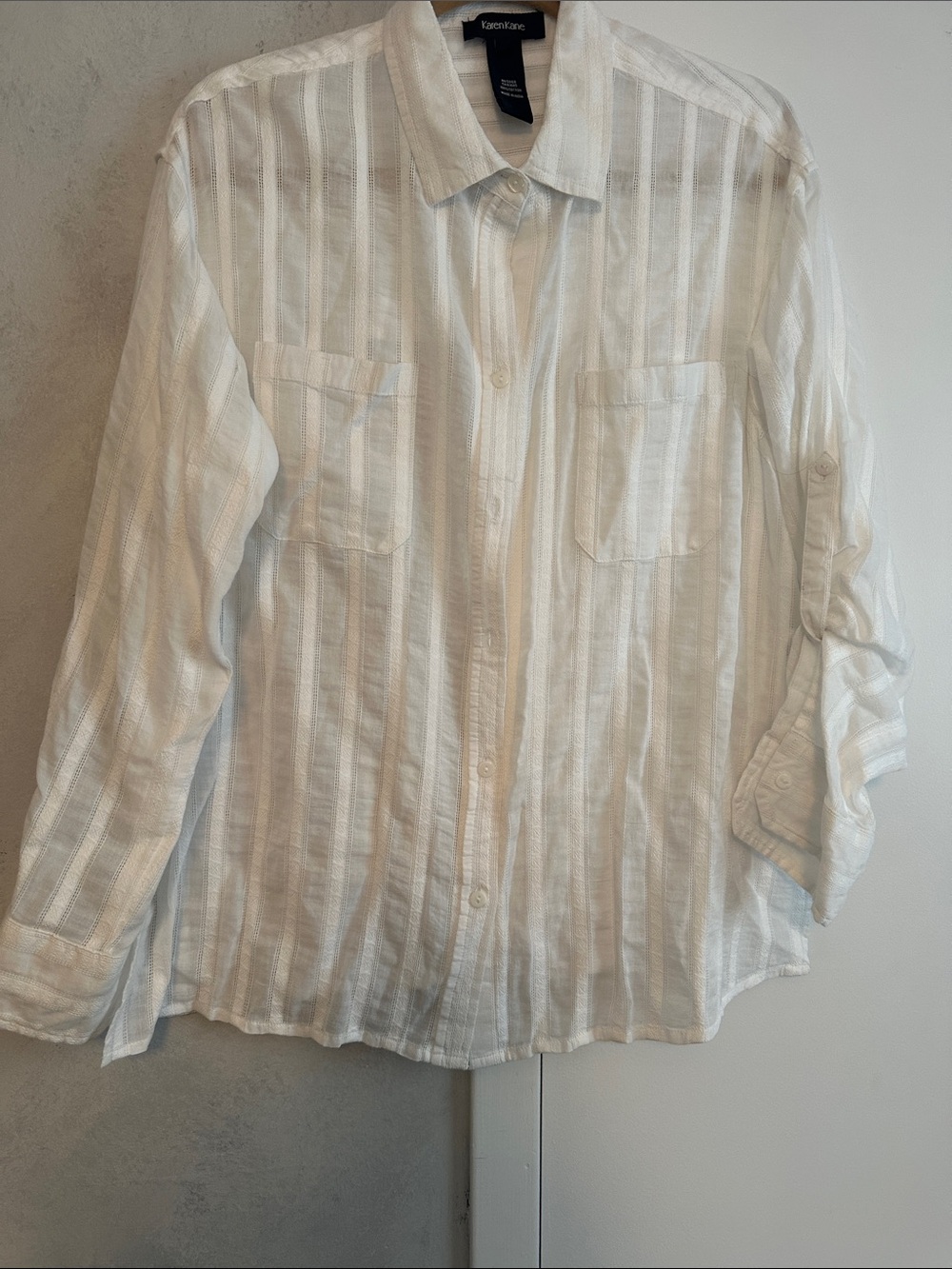Karen Kane White Sheer-Striped Button Front Shirt
